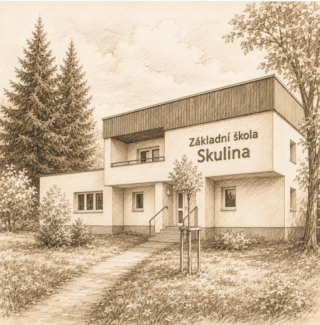 Ručně kreslená skica budovy školy Skulina